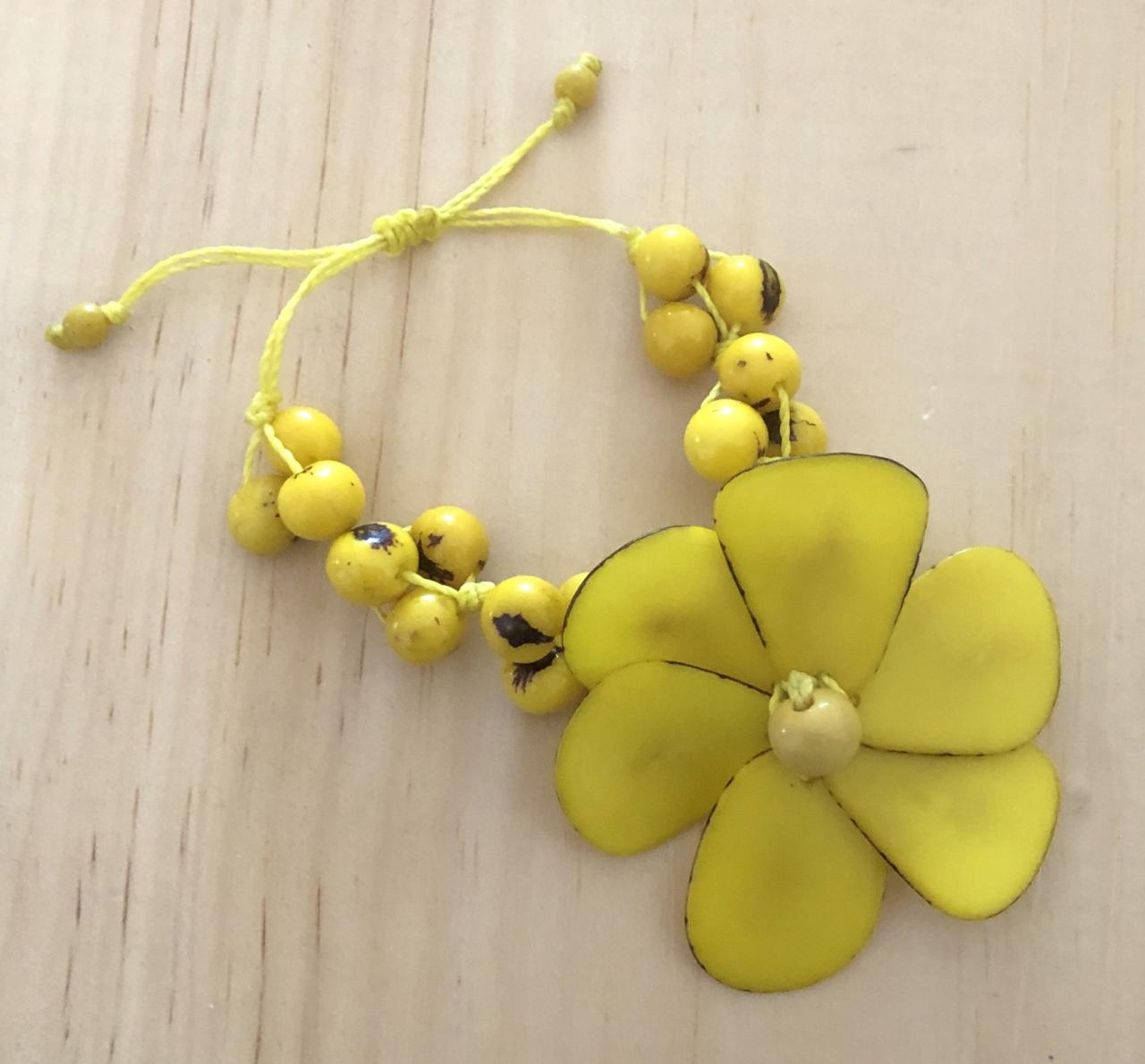 Yellow Flower Tagua Bracelet, Açaí Seeds Bracelet, Adjustable Bracelet, Vegan Bracelet, Handmade Bracelet, Statement Bracelet, Exotic