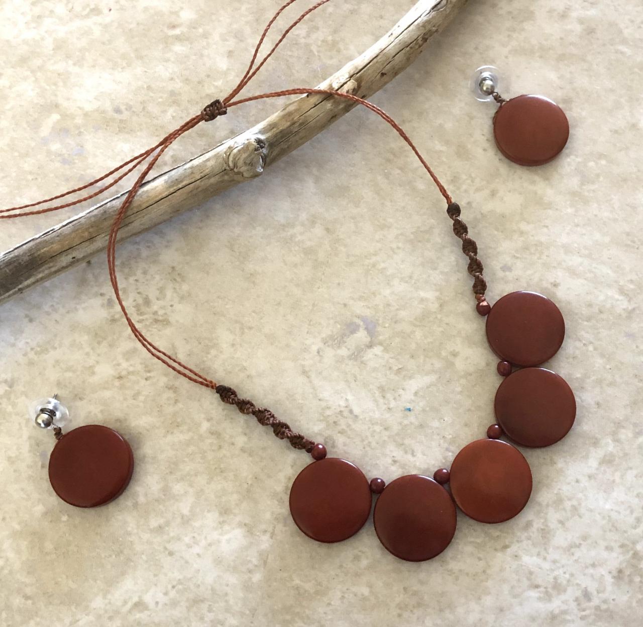 Brown Necklace and Earrings, Round Shape Necklace, Minimalist Necklace, Geometric Necklace , Adjustable Neck, Vegan Neck, Seeds Necklace