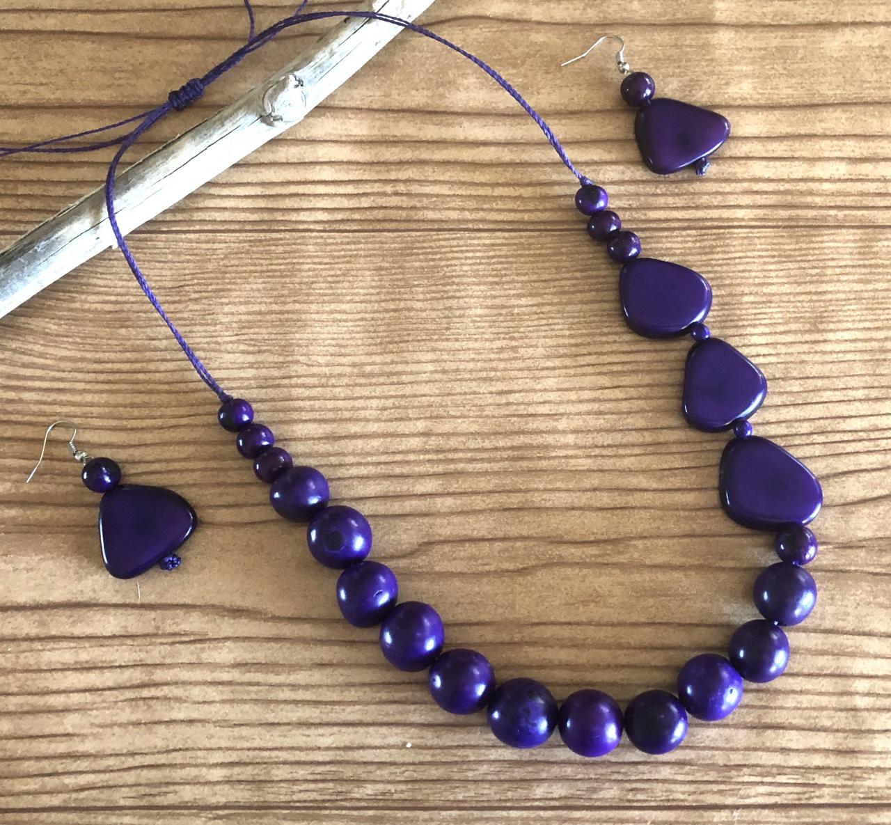 Purple Bombona And Tagua Nut Necklace Earrings,statement Necklace,long Necklace, Chunky, Vegan Necklace, Exotic