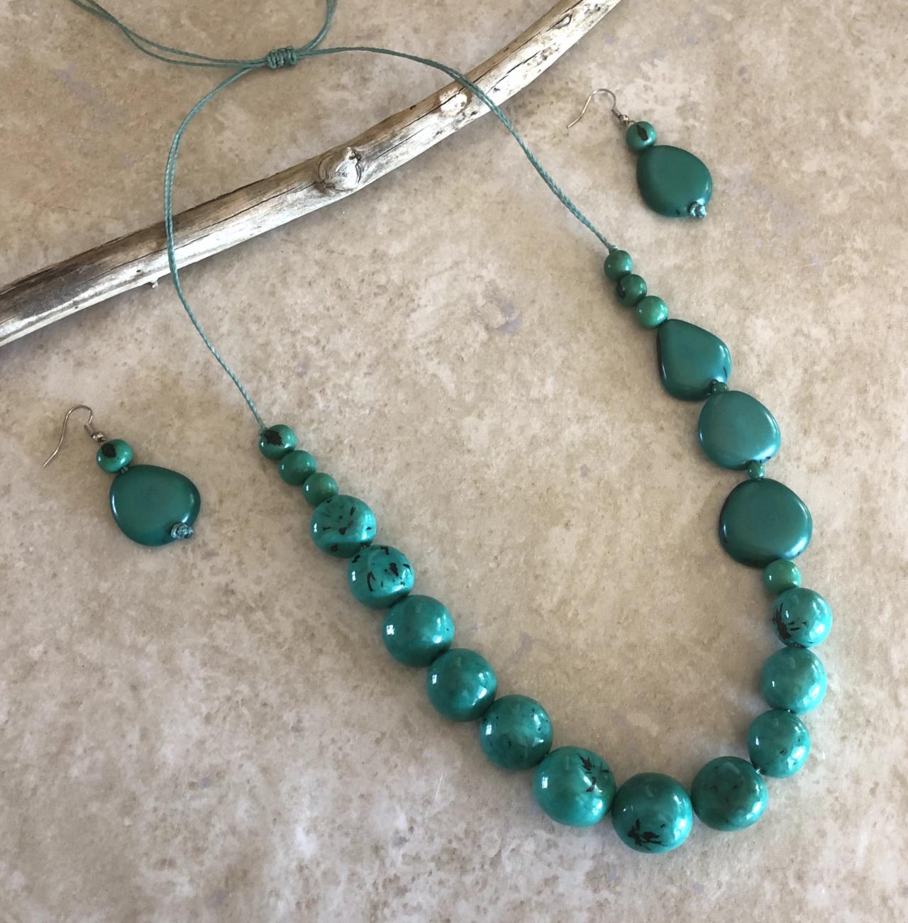 Jade Green Bombona And Tagua Nut Necklace Earrings,statement Necklace,long Necklace, Chunky, Vegan Necklace, Exotic