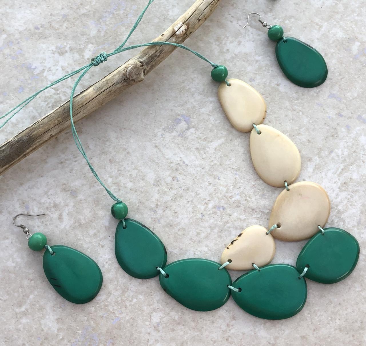 Bicolor Tagua Nut Statement Necklace And Earrings Set, Natural Neck, Vegan Necklace, Two Strand Necklace, Two Layer Necklace, Chunky Neck