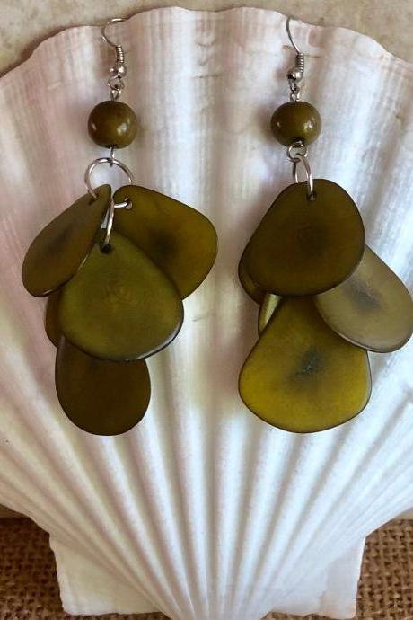 Olive Green Earrings, Statement Earrings, Dangle Earrings, Seeds Earrings, Handmade Earrings, Summery Earrings, Long Earrings, Big Earrings