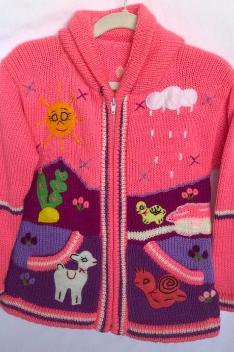Size 8 Hot Pink Hooded Jacket,Girls Jacket,Handmade Jacket, Knitwear Jacket, Long Sleeve Jacket, Children Jacket, Llama Jacket