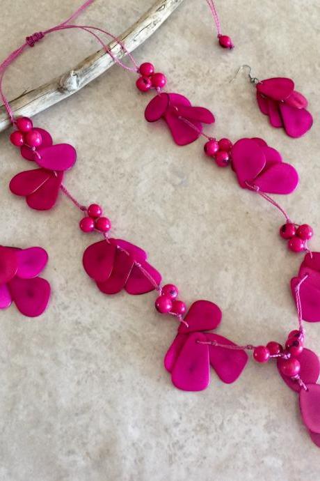 New! Fucsia Long Necklace and Earrings, Tagua Nut Necklace, Statement Necklace, Handmade Necklace, Seeds Beads Necklace, Ecofriendly Jewelry