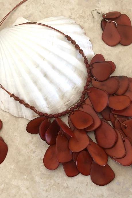 New! Brown Tagua Nut Statement Necklace and Earrings, Handmade Necklace, Seeds Necklace, Summery Necklace, Ethnic Necklace, Chunky Neck
