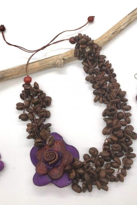 Purple Orange Peel Flower and Coffee Beans Necklace and Earrings, Statement Neck, Vegan Necklace, Strand Necklace, Handmade Necklace, Acai