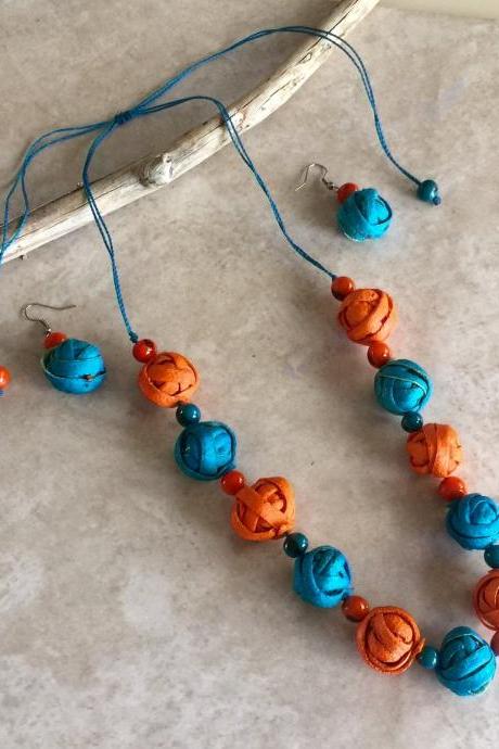 Orange Peel Balls Necklace and Earrings, Statement Necklace, Summery Necklace, Vegan Necklace, Organic Necklace, Bi-color Necklace, Eco