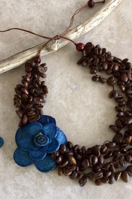 Blue Orange Peel Flower And Coffee Beans Necklace And Earrings, Statement Necklace, Vegan Necklace, Strand Necklace, Handmade Necklace, Acai