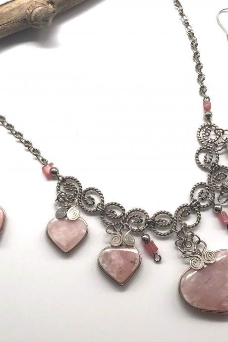 New! Rose Quartz Necklace and Earrings,Heart Shape Necklace, Handmade Necklace, Romantic Necklace, Eco Friendly Necklace, Filigree Necklace