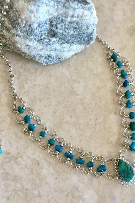 Chrysocolla Necklace And Earrings, Alpaca Silver Necklace, Teardrop Necklace, Blue Nuggets, Handmade Necklace, Lightweight Neck