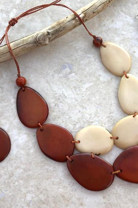 Bicolor Tagua Nut Statement Necklace and Earrings, Natural Necklace,Brown Necklace, Two Strand, Two Layer Necklace, Chunky Necklace