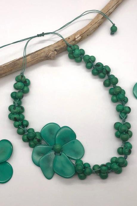 Jade Green Tagua Necklace and Earrings, Statement Necklace, Summer Necklace, Vegan Necklace, Beach Necklace, Flower Necklace, Exotic Neck