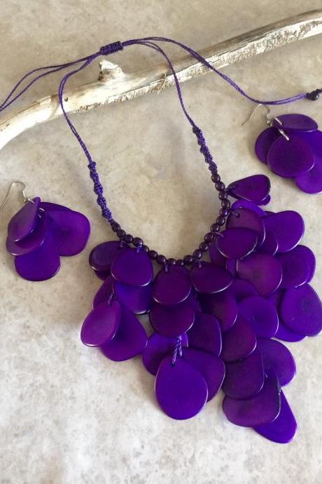 New! Purple Tagua Nut Necklace and Earrings, Vegan Necklace, Statement Necklace, Handmade Necklace, Adjustable Neck,Chunky Necklace, Seeds