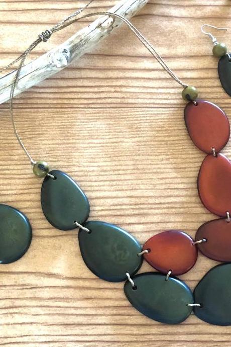 Bicolor Tagua Nut Statement Neck And Earrings, Green Neck, Brown Neck, Double Strand, Chunky