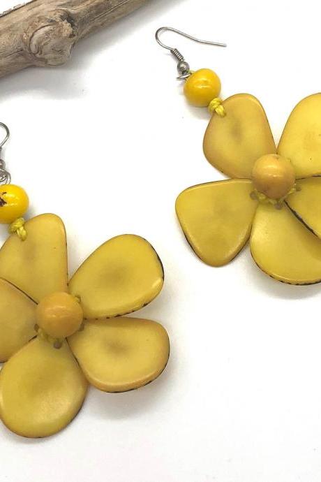 Yellow Earrings, Flower Earrings, Statement Earrings, Summery Earrings, Handmade Earrings, Chunky Earrings, Exotic Earrings, Beach