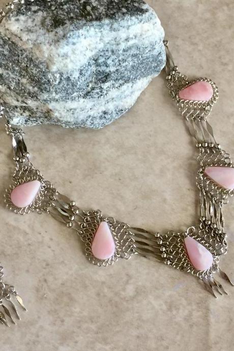 Teardrop Necklace and Earrings, Rose Quartz Necklace, Pink Necklace, Chandelier Necklace, Alpaca Silver Necklace, Handmade Necklace, Ethnic