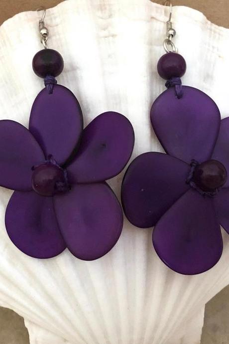 Purple Earrings, Flower Earrings, Statement Earrings, Summery Earrings, Handmade Earrings, Chunky Earrings, Exotic Earrings, Beach