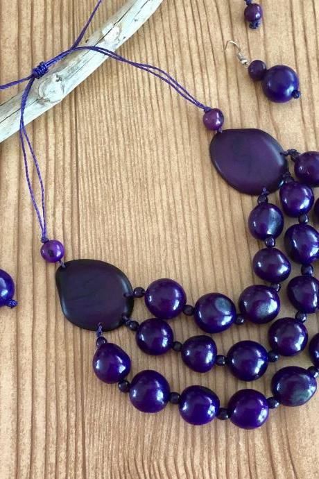 Purple Tagua Necklace And Earrings, Bombona Seeds Necklace, Statement Necklace, Layer Necklace, Three Strand Necklace, Chunky Necklace, Seed