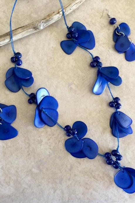 New !Blue Tagua Nut Necklace and Earrings, Statement Necklace, Handmade Necklace, Seeds Necklace, Summery Neck, Ecofriendly Necklace, Exotic