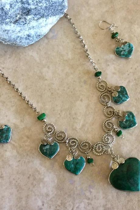 New! Chrysocolla Necklace and Earrings,Heart Shape Necklace, Handmade Necklace, Romantic Necklace, Eco Friendly Necklace, Filigree Necklace