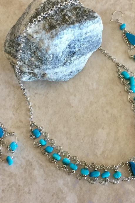 Turquoise Necklace and Earrings, Blue Necklace, Alpaca Silver Necklace, Teardrop Necklace, Blue Nuggets, Handmade Necklace, Lightweight Neck