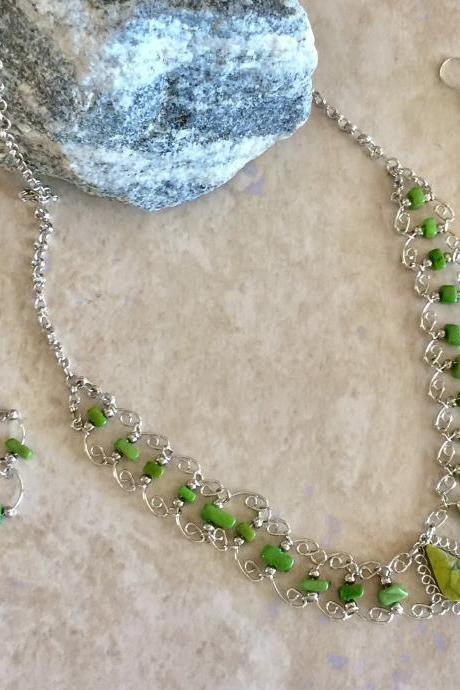 Teardrop Necklace And Earrings, Light Green Serpentine Necklace, Chocker Neck, Green Nuggets Necklace, Alpaca Silver Necklace, Handmade Neck
