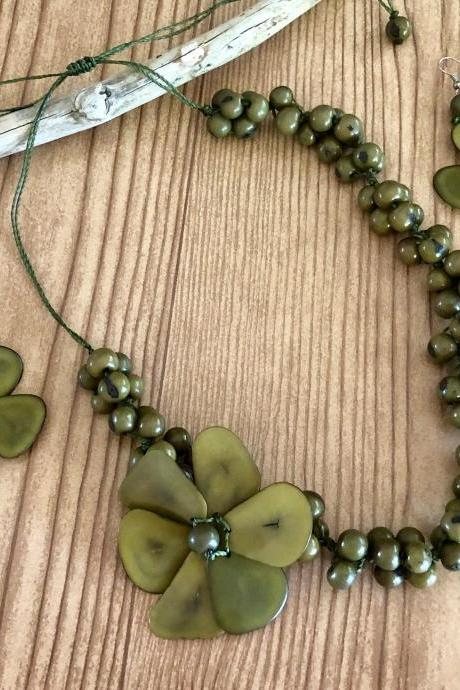 Olive Green Tagua Necklace and Earrings, Açaí Seeds Necklace, Two Strand Necklace, Statement Necklace, Vegan Necklace, Flower Necklace, Mom