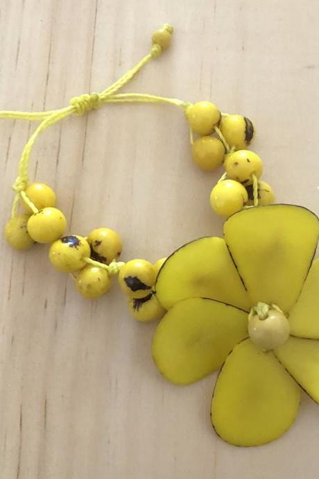 Yellow Flower Tagua Bracelet, Açaí Seeds Bracelet, Adjustable Bracelet, Vegan Bracelet, Handmade Bracelet, Statement Bracelet, Exotic