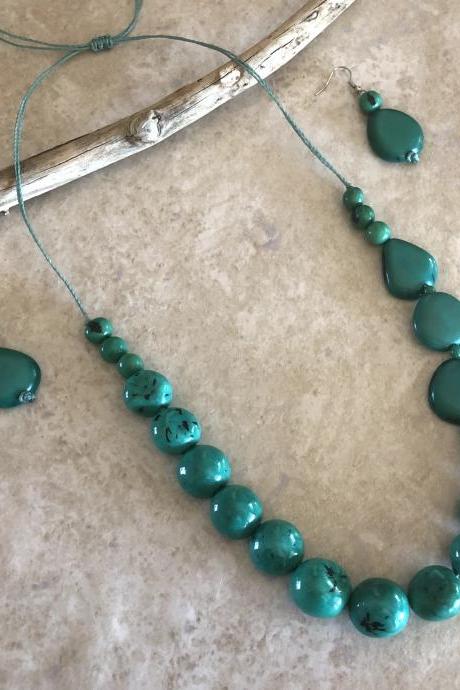 Jade Green Bombona and Tagua Nut Necklace Earrings,Statement Necklace,Long Necklace, Chunky, Vegan Necklace, Exotic