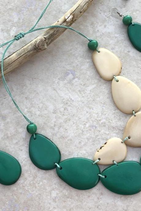Bicolor Tagua Nut Statement Necklace and Earrings Set, Natural Neck, Vegan Necklace, Two Strand Necklace, Two Layer Necklace, Chunky Neck