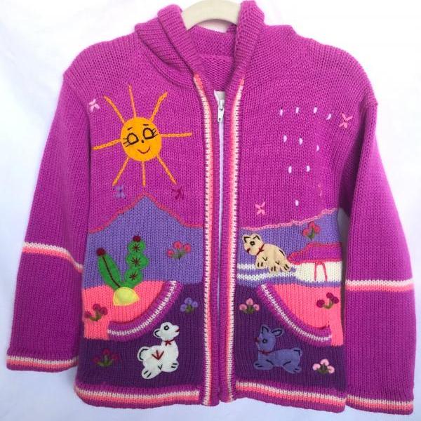 Size 8 Lilac Hooded Jacket,Girls Jacket,Handmade Jacket, Knitwear Jacket, Zipper Jacket, Long Sleeve Jacket, Children Jacket, Llama Jacket