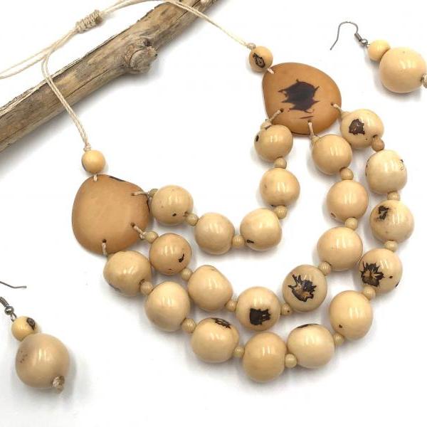 Ivory Necklace and Earrings, Layer Necklace, Bib Necklace, Statement Necklace, Tagua Necklace, Seed Necklace, Bombona Necklace, Handmade